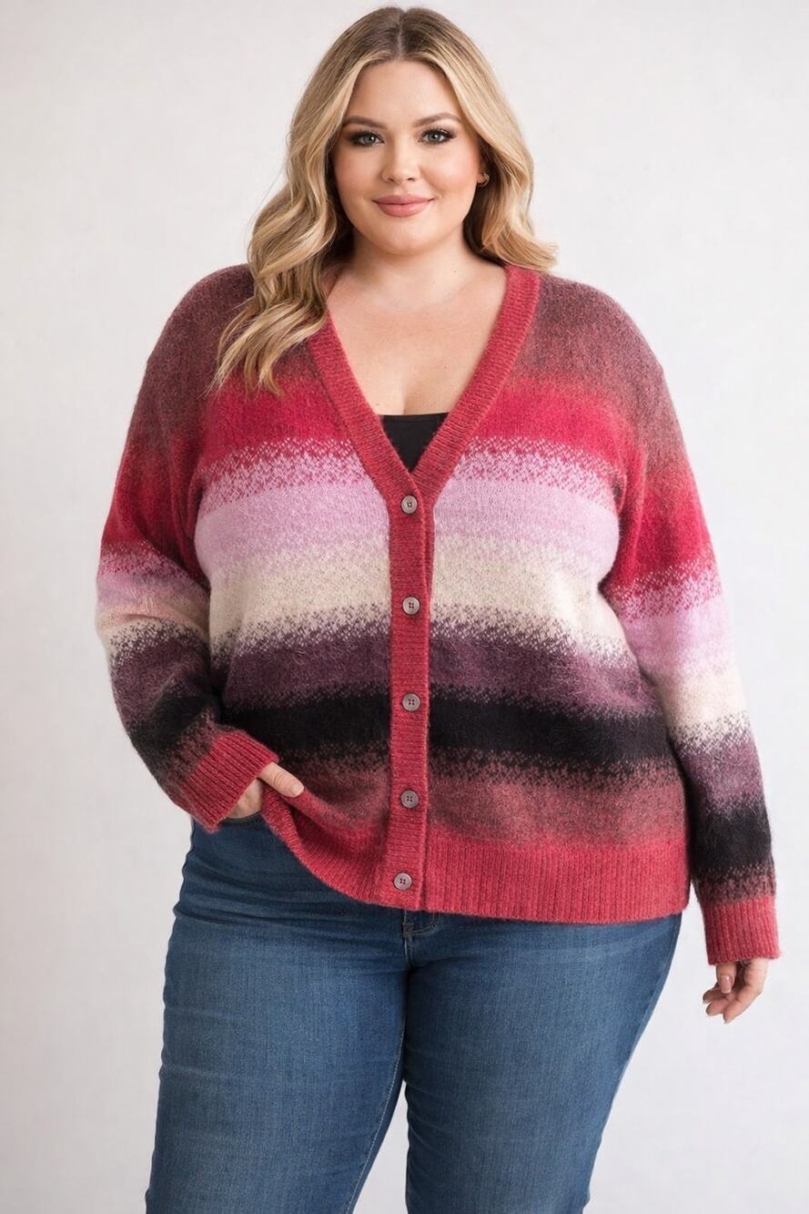Torrid Plus Size 3X Gradient Button Cardigan Recycled Knit Red Pink Brown